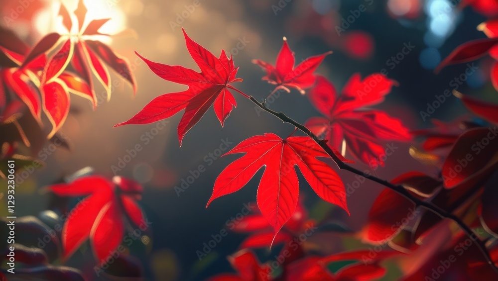 Vibrant red maple leaves illuminated by soft morning light showcasing the beauty of autumn foliage in nature. Vibrant red maple leaves illuminated by soft morning light showcasing the beauty of autumn foliage in nature.