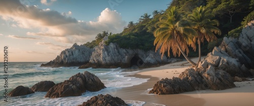 Serene Rocky Palm Beach at Sunset with Lush Vegetation and Tranquil Waters Ideal for Relaxation and Vacation Promotions