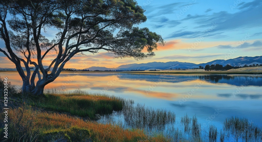 Fototapeta premium Morro Bay Landscape. Tranquil Blue Lake with Water and Tree Silhouettes at Sunset