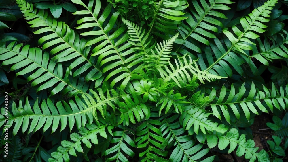 Obraz premium Lush Green Fern Leaves Displayed from Above in a Beautiful Natural Setting Perfect for Nature and Botany Themes
