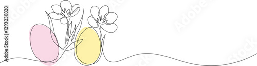 Continuous one line drawing of Easter eggs with spring flowers. Happy Easter greeting banner minimalist design. Vector illustration, editable stroke.