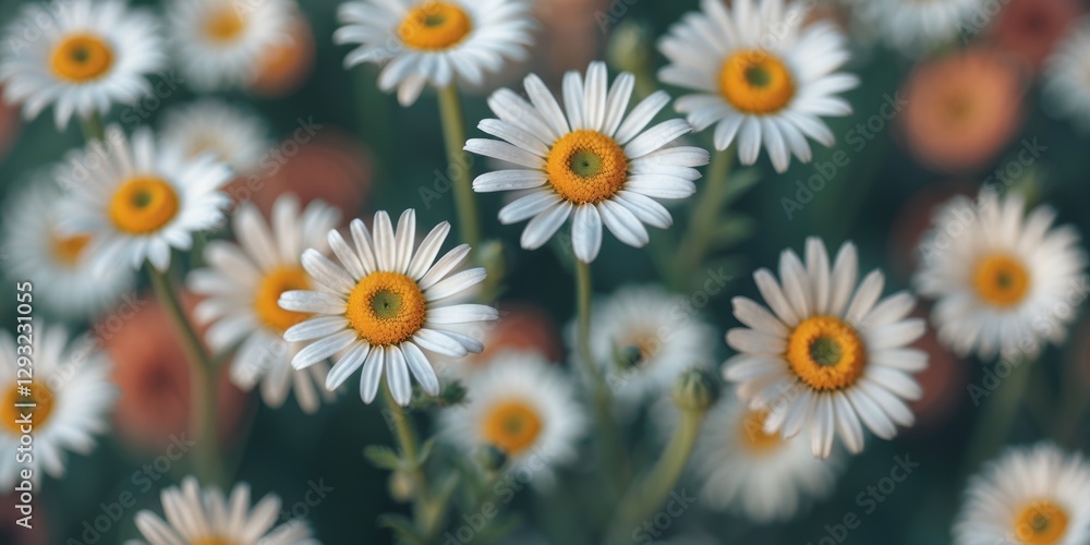 Fototapeta premium Daisy-like flowers with vibrant yellow centers in an out-of-focus background, providing ample space for text or design elements.