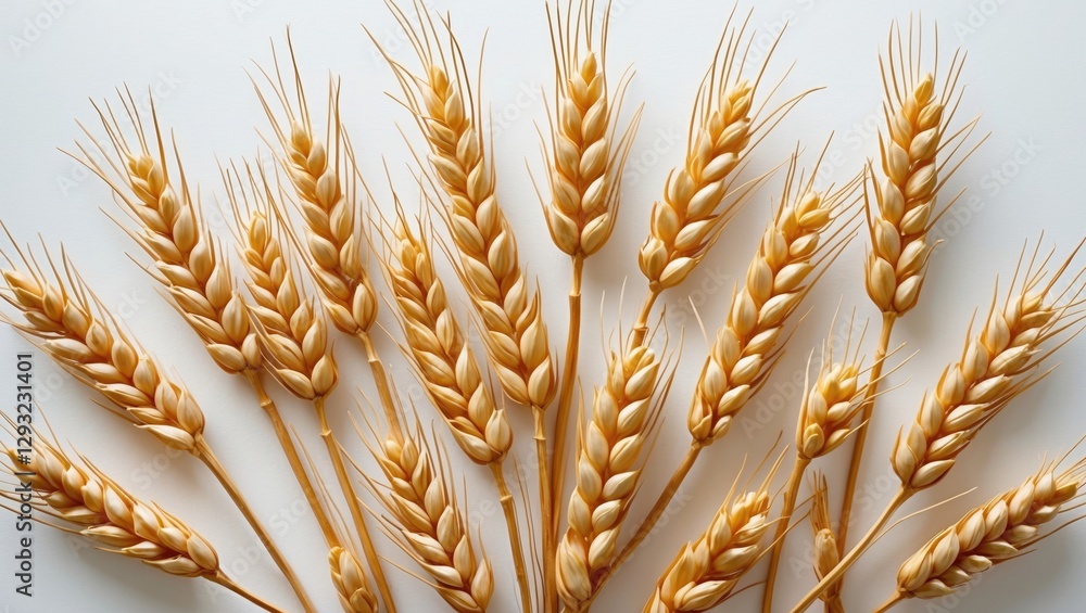 Wheat spikes arranged artistically on a white background showcasing the golden hue and texture of cereal grain. Wheat spikes arranged artistically on a white background showcasing the golden hue and texture of cereal grain.