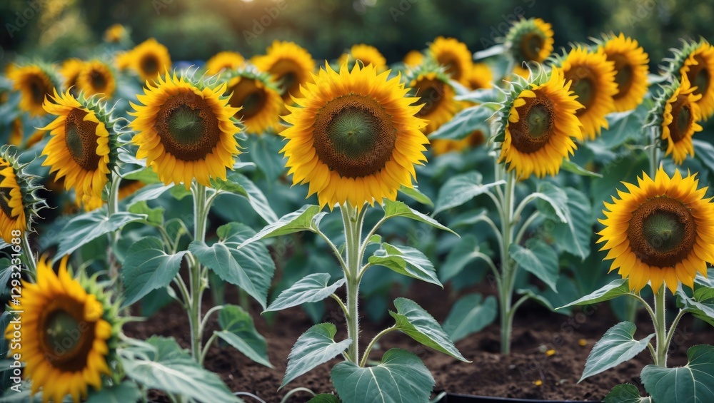 Fototapeta premium Vibrant Sunflowers Blooming in a Lush Garden Under Natural Light