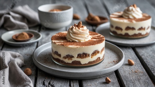 Delicious Tiramisu Dessert Layers Served on Rustic Plates with Cocoa Dusting and Elegant Whipped Cream Decoration on Wooden Table