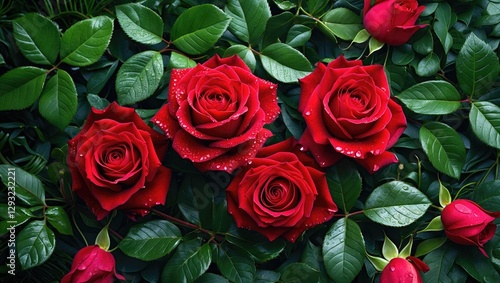 Vibrant Red Roses Surrounded by Lush Green Leaves with Raindrops Adding Beauty and Freshness to the Floral Arrangement