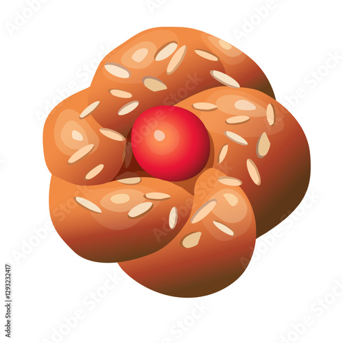 Authentic handmade Greek Tsoureki (sweet braided bread) with red egg and filleted almonds. Traditional Easter cuisine. Vector illustration on white background.