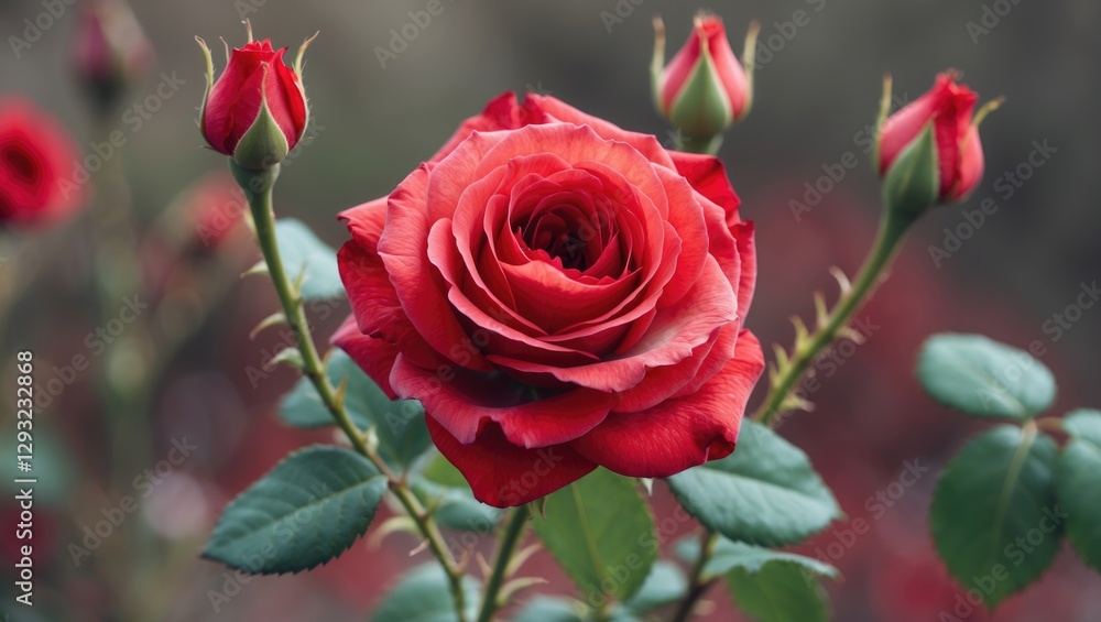 Elegant Red Rose Bloom Surrounded By Buds With Lush Green Leaves Macro Photography Ideal For Floral Design and Spring Themes Elegant Red Rose Bloom Surrounded By Buds With Lush Green Leaves Macro Photography Ideal For Floral Design and Spring Themes