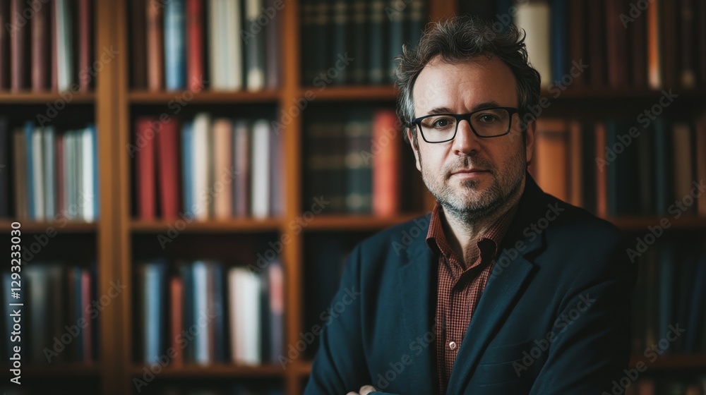 Politician Portraying a Secret Life in a Novel Setting with Bookshelves Background Politician Portraying a Secret Life in a Novel Setting with Bookshelves Background