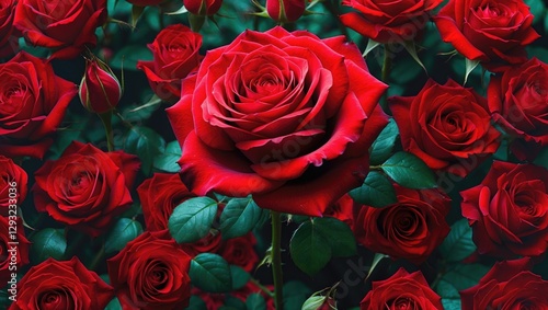 Vibrant close-up of a red rose surrounded by lush greenery and additional red roses in a natural, captivating background.