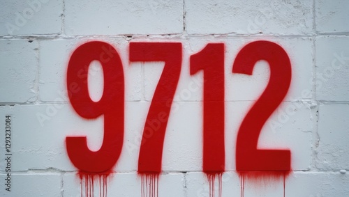 Bold red spray-painted number 9712 on a textured white wall with paint drips showcasing urban street art aesthetics. photo