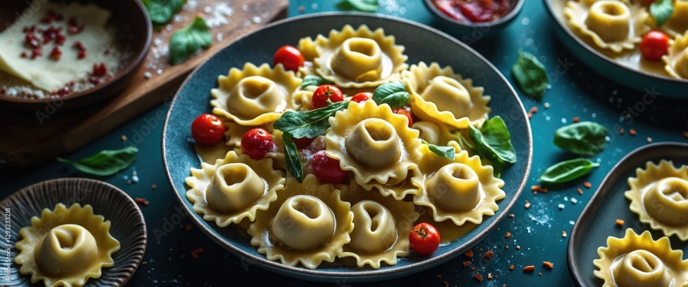 custom made wallpaper toronto digitalDelicious tortellini pasta with cherry tomatoes and fresh basil on a blue plate showcasing a colorful food presentation with copy space