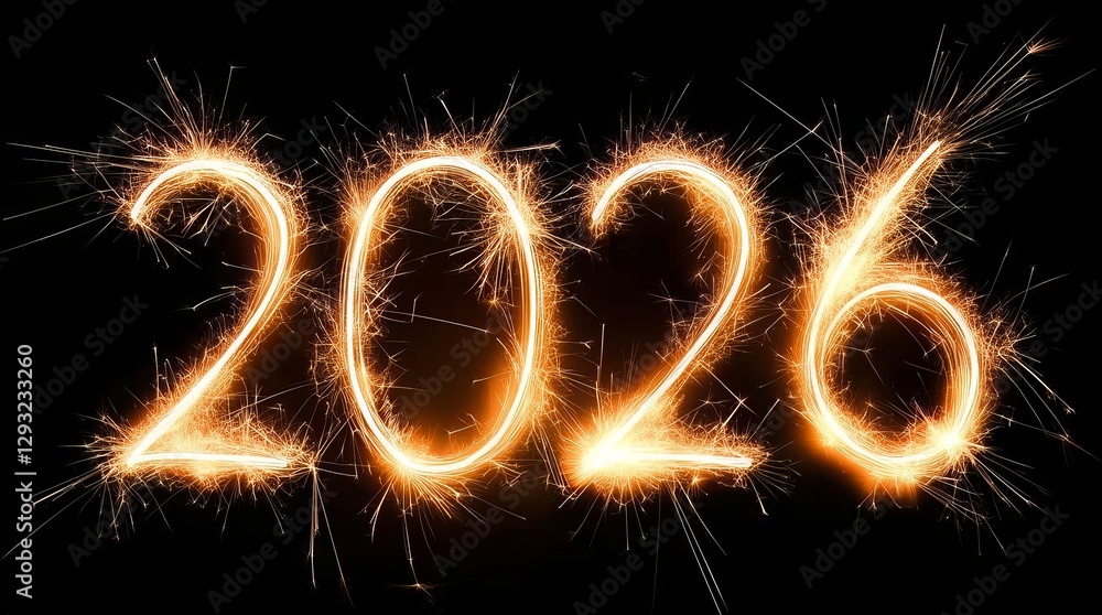 Fiery sparkler style 2026 numbers glowing against a dark background, capturing the excitement and energy of new year 2026 celebrations Fiery sparkler style 2026 numbers glowing against a dark background, capturing the excitement and energy of new year 2026 celebrations