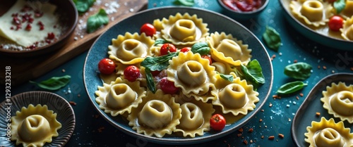 Wallpaper Mural Delicious tortellini pasta with cherry tomatoes and fresh basil on a blue plate showcasing a colorful food presentation with copy space Torontodigital.ca