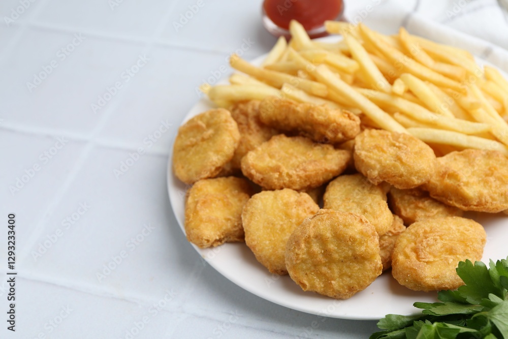 Tasty chicken nuggets and french fries on white tiled table. Space for text Tasty chicken nuggets and french fries on white tiled table. Space for text