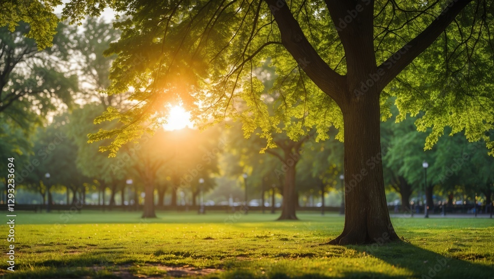 Fototapeta premium Serene summer park scene with sunlight filtering through lush green trees illuminating a peaceful grassy landscape