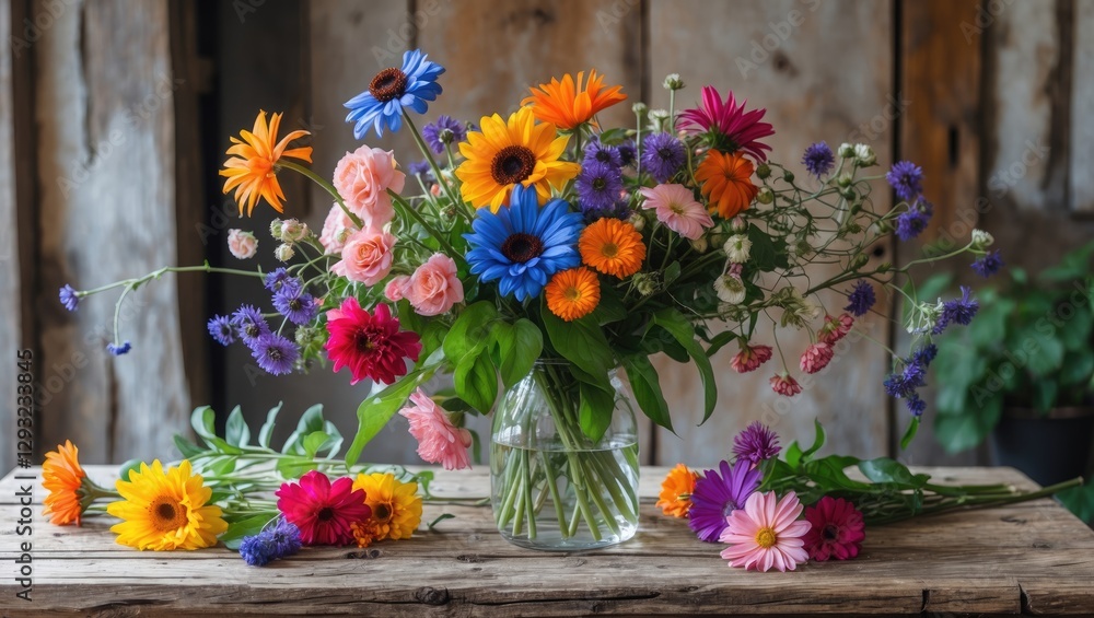 Vibrant summer bouquet of multicolored flowers in a glass vase on a rustic wooden table setting Vibrant summer bouquet of multicolored flowers in a glass vase on a rustic wooden table setting