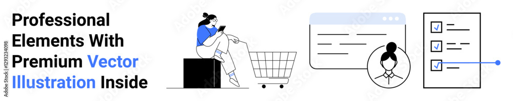 Woman shopping via smartphone, shopping cart, personal profile, and checklist interface. Ideal for e-commerce, online shopping, task management, customer profile, applications tech tutorials flat Woman shopping via smartphone, shopping cart, personal profile, and checklist interface. Ideal for e-commerce, online shopping, task management, customer profile, applications tech tutorials flat