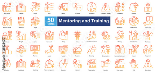 Mentoring and Training icon set in Line Gradient style, representing learning, coaching, leadership, and career growth. Perfect for education, corporate training, and professional development.
