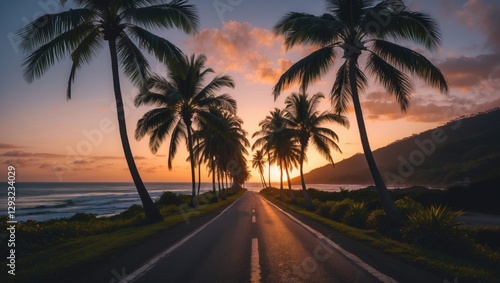 Tropical Road with Silhouetted Palm Trees at Sunset Near Beach and Hills in a Serene Coastal Landscape