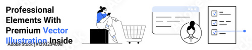 Woman shopping via smartphone, shopping cart, personal profile, and checklist interface. Ideal for e-commerce, online shopping, task management, customer profile, applications tech tutorials flat