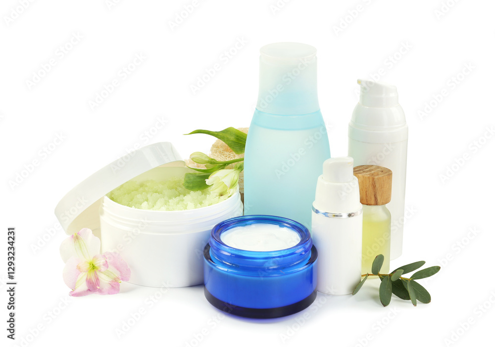 Different body care products and flowers isolated on white Different body care products and flowers isolated on white