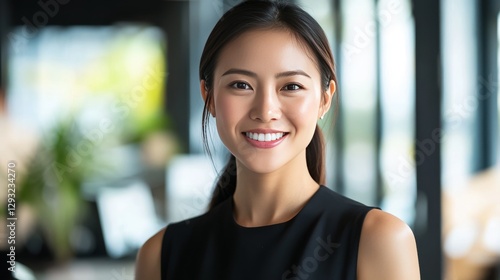 A confident Asian businesswoman in a black top smiles professionally in her office. She represents the success and power of women in business leadership roles. Free Download A confident Asian businesswoman in a black top smiles professionally in her office. She represents the success and power of women in business leadership roles. - GFXLoad