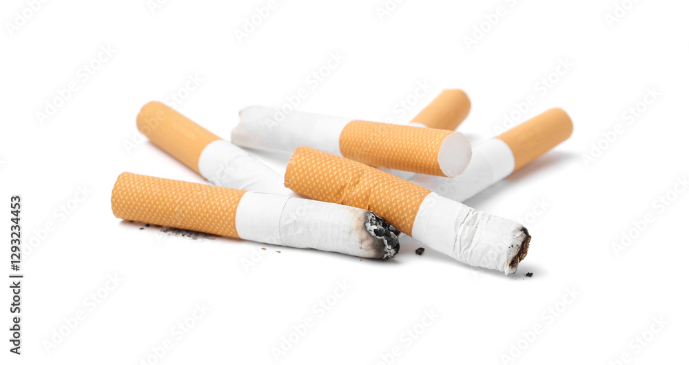 Many cigarette butts isolated on white. Smoking habit Many cigarette butts isolated on white. Smoking habit
