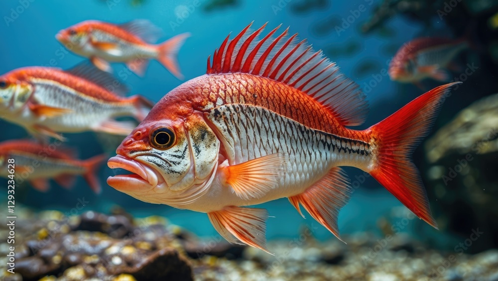 Vibrant Red Mullet Fish Swimming in Clear Ocean Waters with Underwater Marine Life in Background Vibrant Red Mullet Fish Swimming in Clear Ocean Waters with Underwater Marine Life in Background