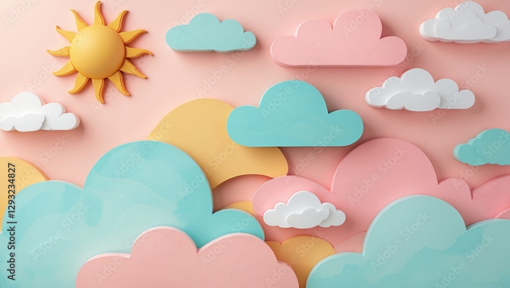 Obraz premium Pastel colored sun and cloud background with playful shapes creating a cheerful and whimsical atmosphere suitable for various designs.