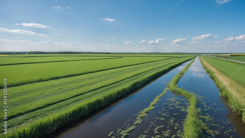 Lush Green Polder Landscape Featuring Fields and Calm Waterway Under Clear Blue Sky in Summer Countryside with Vibrant Vegetation. Lush Green Polder Landscape Featuring Fields and Calm Waterway Under Clear Blue Sky in Summer Countryside with Vibrant Vegetation.