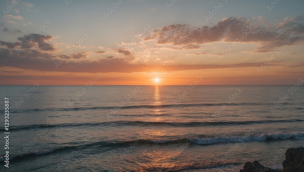 Fototapeta premium Tranquil Summer Sunset Over Calm Sea Dramatic Landscape with Vibrant Colors and Clear Skies Perfect for Inviting Text and Inspiration