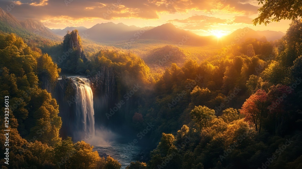Obraz premium A Waterfall Cascading Through a Lush Green Valley at Sunset, with Warm Golden Light Illuminating the Trees and Mist, and Distant Mountains in the Background.