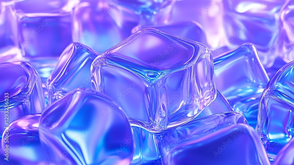 Transparent ice cubes arranged in a colorful background with shades of blue and purple creating a mesmerizing effect Transparent ice cubes arranged in a colorful background with shades of blue and purple creating a mesmerizing effect