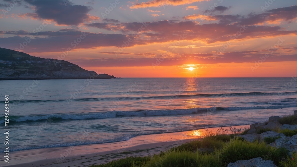 Fototapeta premium Serene Sunset Over Tranquil Coastal Waters with Gentle Waves and Lush Greenery in the Foreground