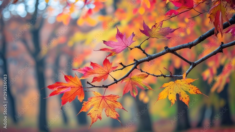 Colorful autumn leaves on a tree branch with a blurred forest background showcasing the beauty of fall foliage and natural scenery. Colorful autumn leaves on a tree branch with a blurred forest background showcasing the beauty of fall foliage and natural scenery.