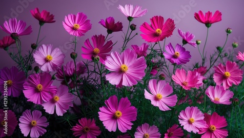 Vibrant fuchsia cosmos flowers in full bloom showcasing intricate petals against a soft purple background in a stunning macro photography shot.