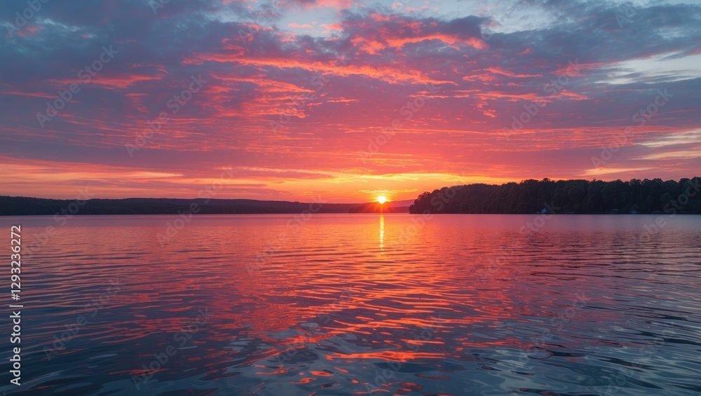 Naklejka premium Vibrant Sunset Reflections Over Tranquil Lake Water Serenity and Colorful Skies Enhancing Natural Beauty at Dusk