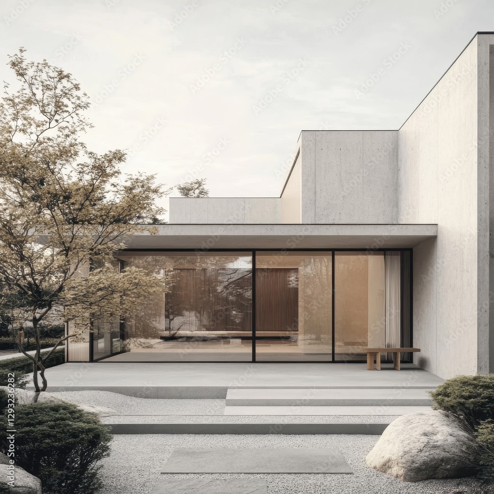 An architectural design of modern minimalist house in garden An architectural design of modern minimalist house in garden