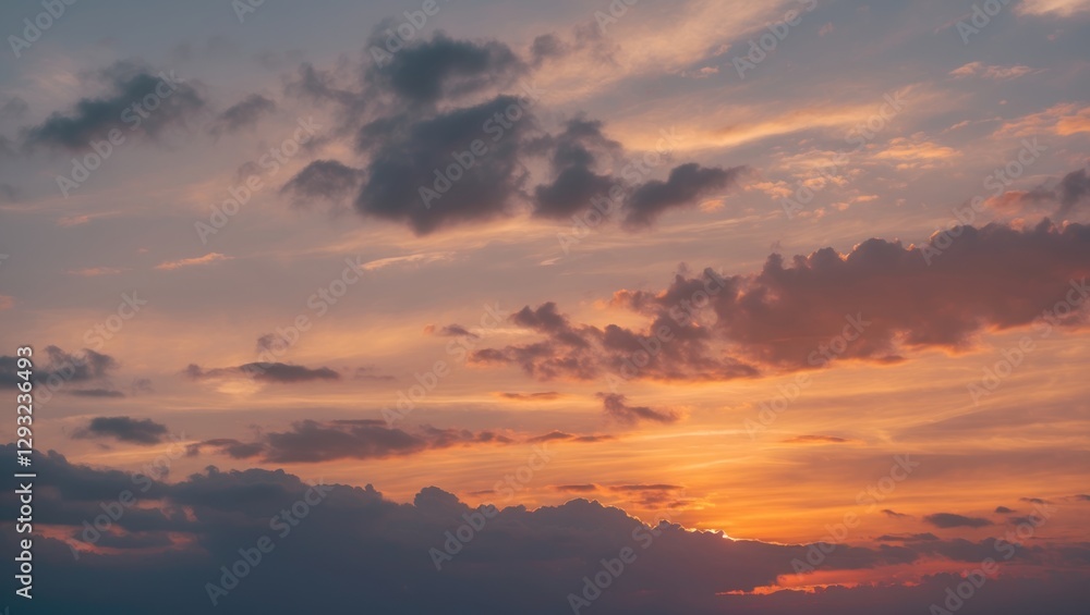 Serene sunset sky with soft clouds showcasing vibrant colors ideal for nature backgrounds and calming scenery. Serene sunset sky with soft clouds showcasing vibrant colors ideal for nature backgrounds and calming scenery.