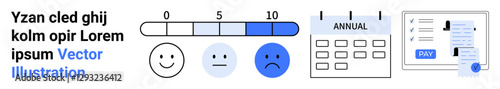 Rating scale with happy faces, calendar with annual label, digital document with pay button. Ideal for feedback, scheduling, finance, planning, data analytics, customer service abstract line flat