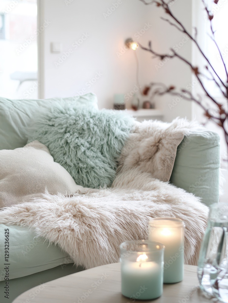 A cozy scene showcases a couch with fur pillows A cozy scene showcases a couch with fur pillows