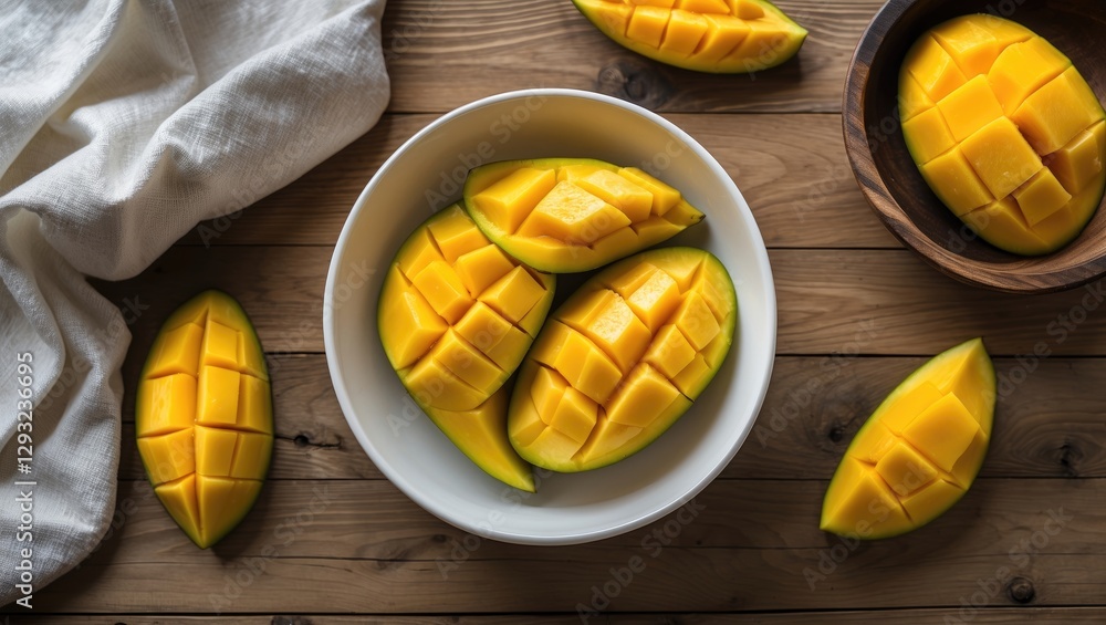 Delicious Mango Slices Displayed in a White Bowl on a Rustic Wooden Table Perfect for Fresh Fruit Promotions and Culinary Presentations Delicious Mango Slices Displayed in a White Bowl on a Rustic Wooden Table Perfect for Fresh Fruit Promotions and Culinary Presentations