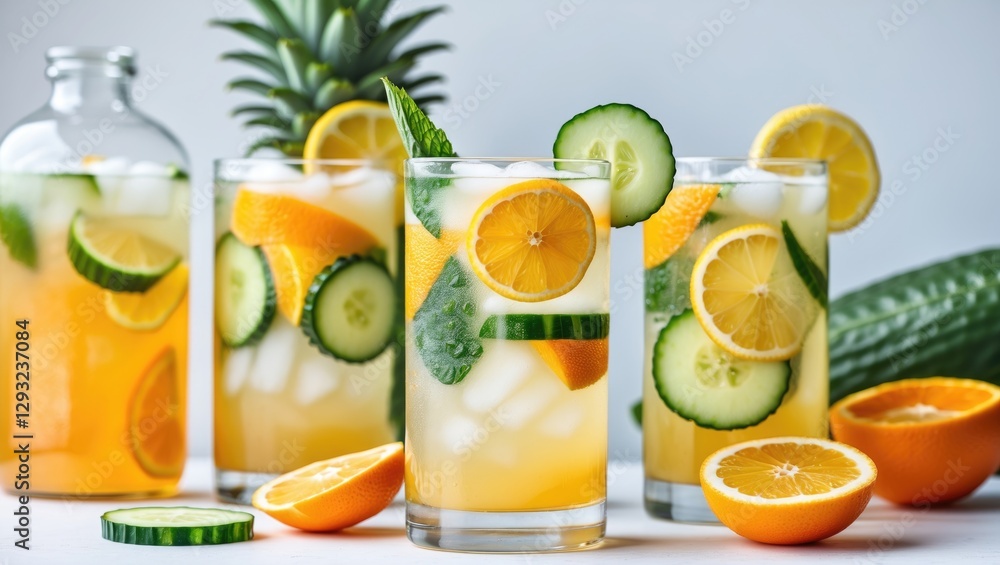 Fototapeta premium Refreshing Summer Lemonade Cocktail with Tropical Citrus and Cucumber Garnish in Stylish Glasses on a Bright Background