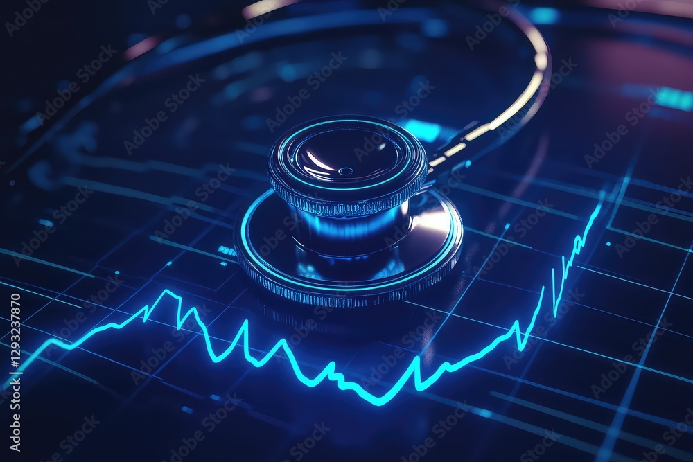 A hyper-realistic 3D render of a shiny metallic stethoscope resting on a digital ECG pulse graph glowing in neon blue. A hyper-realistic 3D render of a shiny metallic stethoscope resting on a digital ECG pulse graph glowing in neon blue.