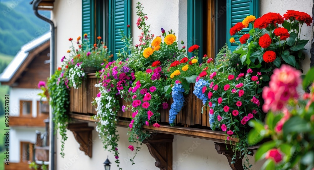 Naklejka premium Vibrant Floral Balcony in the Alps Showcasing a Colorful Array of Flowers and Greenery Against a Scenic Mountain Backdrop