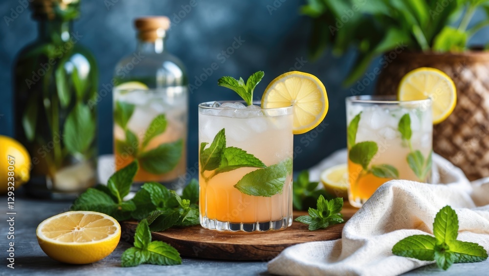 Refreshing Summer Cocktails with Lemon and Mint Garnish on Wooden Platter with Empty Copy Space for Creative Text Placement Refreshing Summer Cocktails with Lemon and Mint Garnish on Wooden Platter with Empty Copy Space for Creative Text Placement