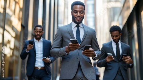 Businessmen can now communicate easily on the go with modern mobile phones. They can send text messages, read business messages, and more, all while wearing formal attire and working outdoors.