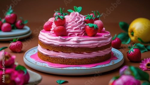 Wallpaper Mural Summer cake decorated with pink cream and fresh strawberries on a rustic brown background inviting for a delightful dessert experience. Torontodigital.ca