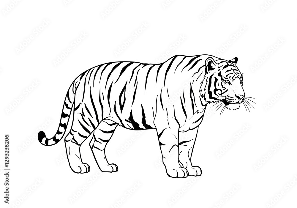 Naklejka premium Illustration of a Striking Tiger with Black Stripes on White Background